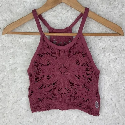 Regata Free People Movement Happiness Runs floral crochê malha crop top M L Mauve - Imagem 1 de 4