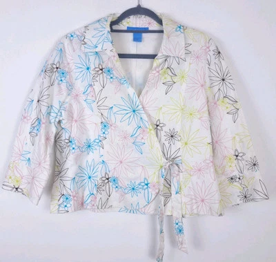 Jaqueta feminina Doncaster Sport envoltório de linho 14 branca floral bordada blazer forrado - Imagem 1 de 4