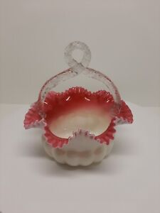 VTG Fenton White Glass Basket Peach with Pink Overlay Clear Handle Ruffled Edge 
