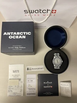 Blancpain X Swatch Scuba Fifty Fathoms Antarctic Ocean Bioceramic New /w Receipt - Image 1 of 4