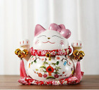 Japanese Lucky Cat Maneki Neko Pink White Pottery 7.8" Gift Bell Japan