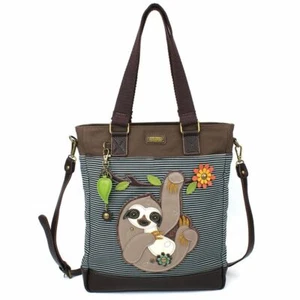 NEW CHALA DENIM BLUE STRIPE SLOTH WORK TOTE PURSE FAUX LEATHER CANVAS - Picture 1 of 8