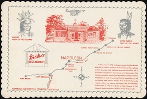 Vintage placemat BIDDIES RESTAURANT Chief Pontiac indian pictured Napoleon Ohio - Picture 1 of 3