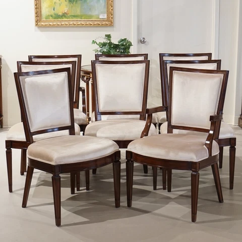 Set of 8 mahogany Regency dining chairs Traditional white upholstery Cover