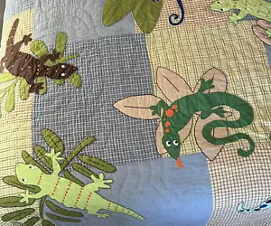 Company Kids Twin Quilt Bedding Lizards Patchwork Chambray Blue Green Plaid Boys - Picture 1 of 14