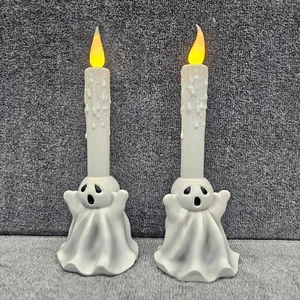 Set of 2 Flameless white Ghost Tapered Candles Halloween décor spooky batteries - Picture 1 of 9