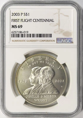 2003-P $1 First Flight Centennial Commemorative Silver Dollar NGC MS69 - Image 1 of 2