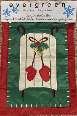 NEW Evergreen Decorative Garden Flag Sled Holly Bells Red Mittens NIP - Image 1 of 2