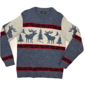 Vtg 60's Alps HOLIDAY Blue Red WINTER Knit MOOSE Tree Fair Isle NORDIC Sweater L - Picture 1 of 4