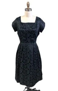 VTG Cocktail Dress Black Damask 1960s S M NWOT Square Neck Huge Buttons - Picture 1 of 9