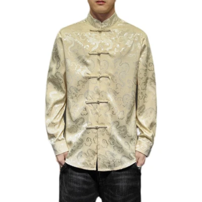 Chinese Style Mens Jacquard Shirt Tang Suit Top Kung Fu Frog Button Retro Jacket - Image 1 of 4