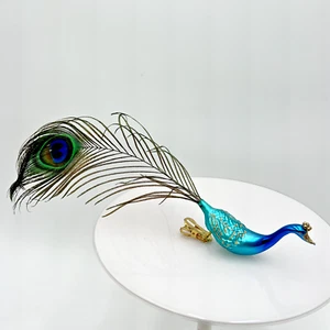 Pavone con Piume Vetro Clip Natalizia Ornamento Uccellino Ornamento, Blu/Teal - Foto 1 di 11