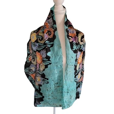 Hermosa bufanda floral 100 % seda enrollada a mano flores multicolores 12" X 58" Foto 1 de 4