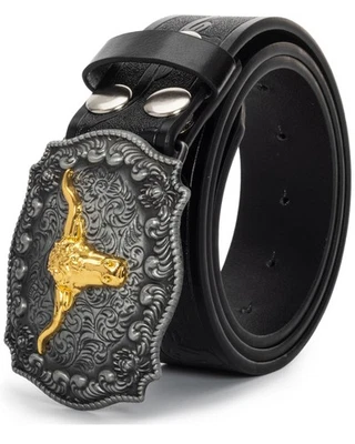 Bawnhaw Western Cowboy-Belts for Men Women Big-Buckle Longhorn-Bull PU-Leathe... - Image 1 of 4