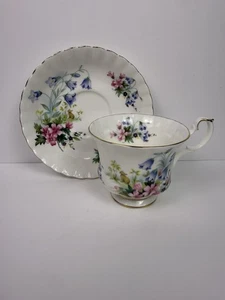 Juego de taza de té y platillo vintage floral conejito corona dorada porcelana “Country Life” - Imagen 1 de 10