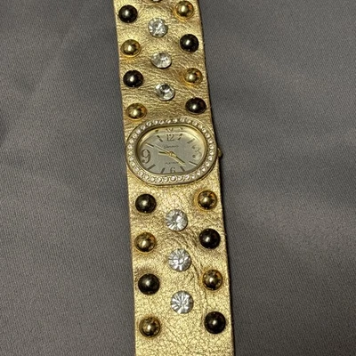 RELOJ GINEBRA PLATINO VINTAGE CORREA CUERO DORADO CRISTALES SEÑORA HASTA 8" MUÑECA Foto 1 de 4