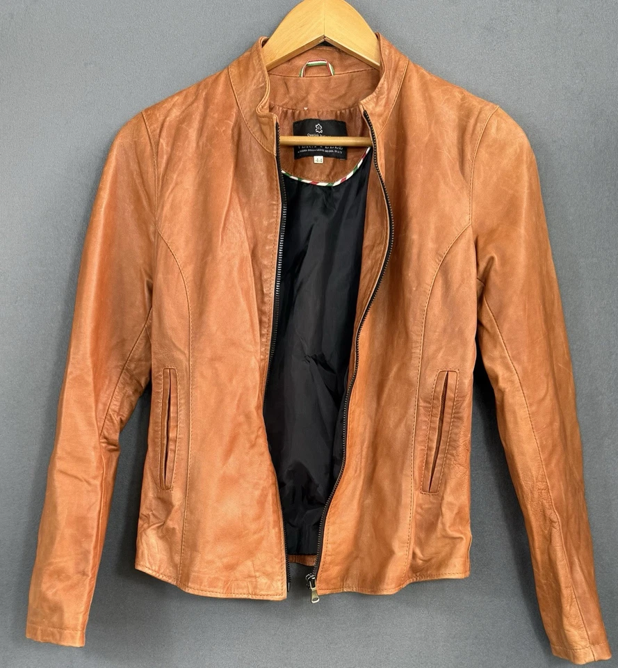 Chaqueta de cuero para mujer Vera Pelle hecha en Italia cremallera completa talla 44 (XS-S) color tostado montura Foto 1 de 4