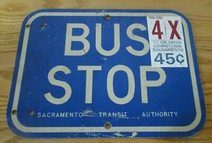 Vintage Sacramento Transit Authority Bus Stop Dbl Sided Sign 45 cents Fare - Picture 1 of 2