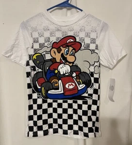 NWT Mario Kart Boy Shirt White Checkered Graphic Short Sleeve Sz L 10/12 Gaming - Picture 1 of 6
