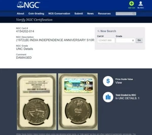 1972B India NGC Silver 10R KEY YEAR Anniversary of Independence .500 Fine - Picture 1 of 7