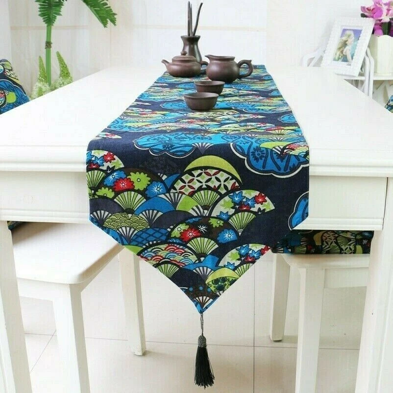 Japanese Print Table Runner Tassel Edge Desk Decoration Chinese Tablecloths EAN - Image 1 of 4