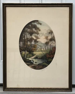 Vintage Hand Colored Tinted Etching River Village Landscape Pencil Signed - Picture 1 of 23