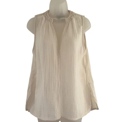 Blusa Michael Stars Mujer XS Marfil Gasa Algodón Sin Mangas Cuello Dividido DMG43 Foto 1 de 4