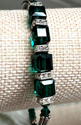 Swarovski Crystal Emerald Green May Birthstone Bracelet w/Clear Crystals Silver - Image 1 of 4