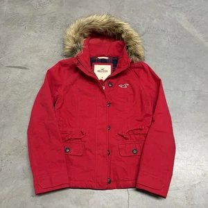 Hollister Faux Fur Hooded Coat Red Plaid Field Jacket Zip Button Women’s Medium - Picture 1 of 7