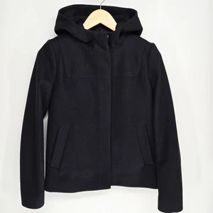 J Crew Jacket Womens 00 Black Melton Italian Wool Blend Hooded Coat Thick Zip - Picture 1 of 7