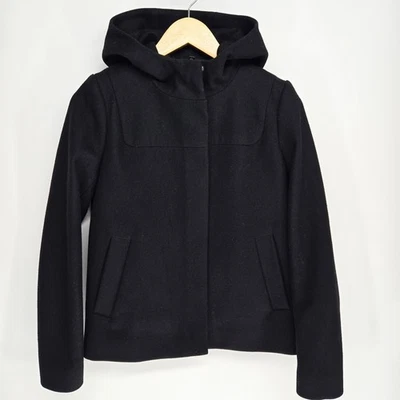 J Crew Jacket Womens 00 Black Melton Italian Wool Blend Hooded Coat Thick Zip - Image 1 of 4