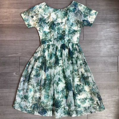 Vintage 50s Floral Chiffon Green & White Cocktail Dress Knee Length Size 8 - Image 1 of 4