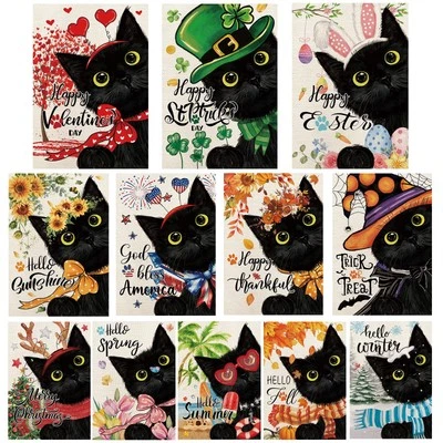 Black Cat Garden Flags for Outside Set of 12, Kitten Welcome Seasonal Garden ... - Image 1 of 4