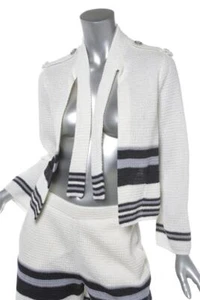 CHANEL Logo Crema Rayas Vestido Tejido Chaqueta Pantalones Cortos Conjunto Traje Conjunto FR36/38 US4/6 - Imagen 1 de 6