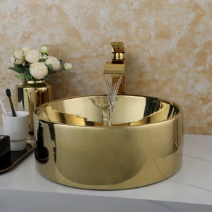 FA 15.8"Round Gold Ceramic Sink Basin Bowl Bathroom Washing Mixer Faucet Tap - Picture 1 of 13