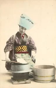 Hand Colored Postcard Japanese Woman in Chefs Hat Cooks Rice - Picture 1 of 2