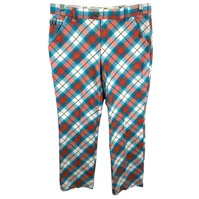 Calça de golfe Royal & Awesome feminina 12 azul branco laranja tartan xadrez stretch - Imagem 1 de 4