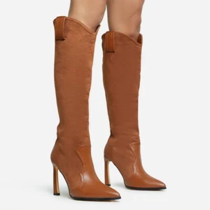 Ego Run-Wild Pointed Toe Stiletto Heel Knee High Western Cowboy Boot In Tan UK 6 - Picture 1 of 5