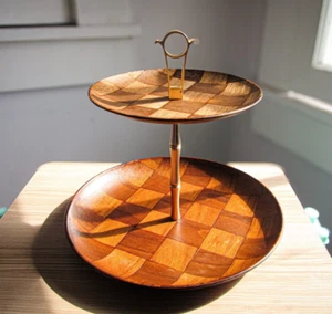 2 Tiered Wood & Brass Handle Tray-Mid Century Vintage Weavewood Co.- Checkered - Picture 1 of 6