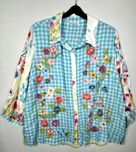 John Mark Shirt Womens 2X Blue Linen Plaid Floral Embroidered Button Up Art NEW - Picture 1 of 11
