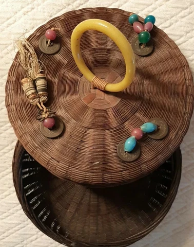 Antique Chinese Basket Hand Woven Wedding Sewing Storage Colorful Jade ⬇️READ Cover