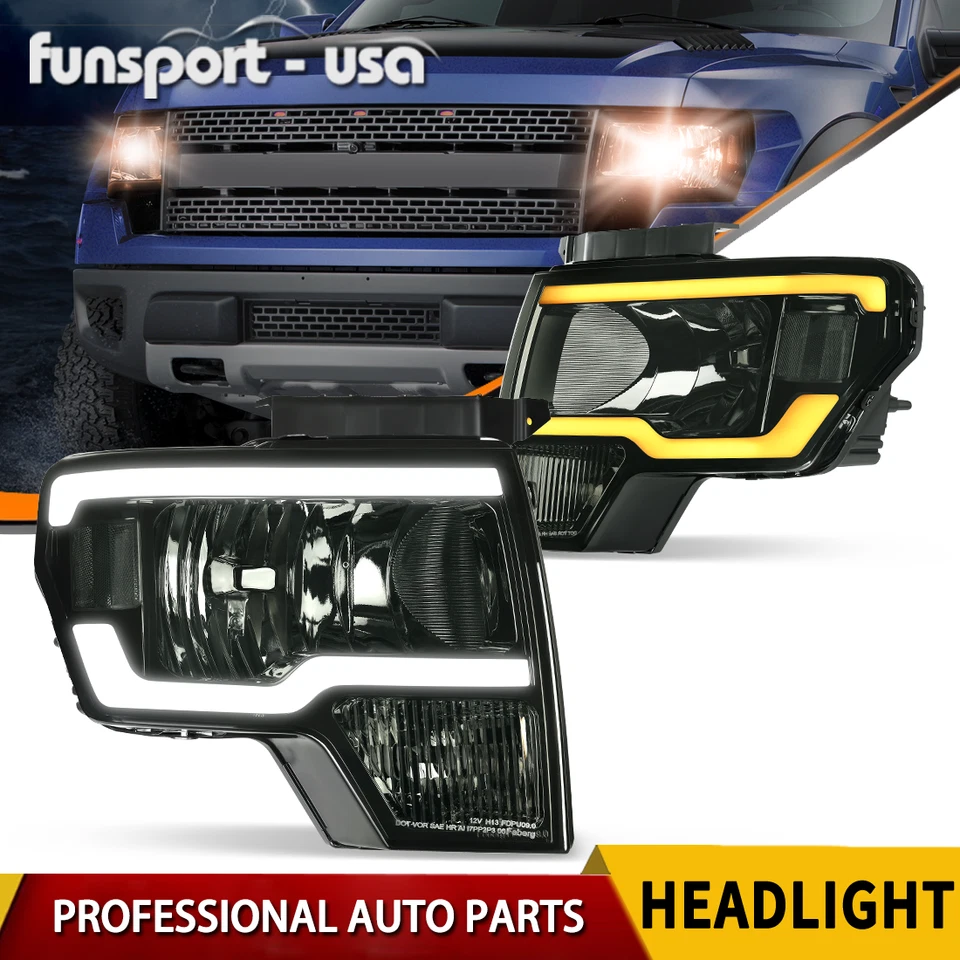 Sequential Turn Signal LED DRL Headlights For 2009-2014 Ford F150 Smoke Lens - Image 1 of 4
