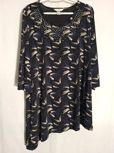CJ Banks-Black Blue Tan Geo Embellished 3/4Sleeve Asymmetrical Knit Top Tunic-2X - Picture 1 of 5