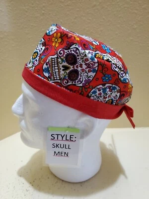 Sugar Skulls Red Halloween Men's Skull/Chemo Surgical Scrub Hat/Cap Handmade - Image 1 of 4