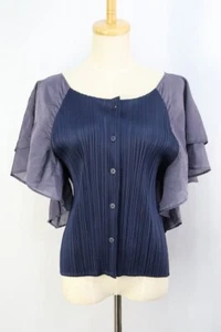 PLEATS PLEASE Navy Blue Flared Silk Sleeve Top ISSEY MIYAKE 106 8133 - Picture 1 of 7