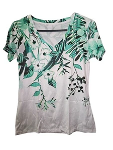 Camisa Top Blanca con Flores Verdes Cuello en V S/S - Talla XS - Imagen 1 de 2