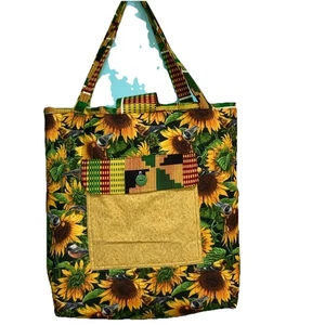 Handgefertigte gesteppte Tragetasche, Handtasche, Sonnenblumen, 15" x 16" x 4" - Bild 1 von 6