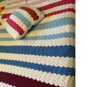 Crochet Blanket Throw & Pillow Cover Set Striped Handmade Colorful - Picture 1 of 7