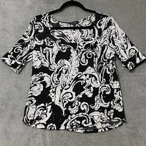 Lauren Ralph Lauren Linen Top Paisley Print 3/4 Sleeve Blouse Black White Size L - Picture 1 of 6