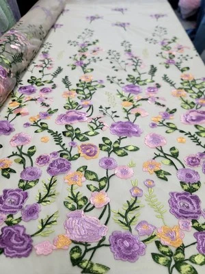Fabric By The Yard Multicolor Lace Lavender Embroidery Flowers On White Mesh - Image 1 of 4